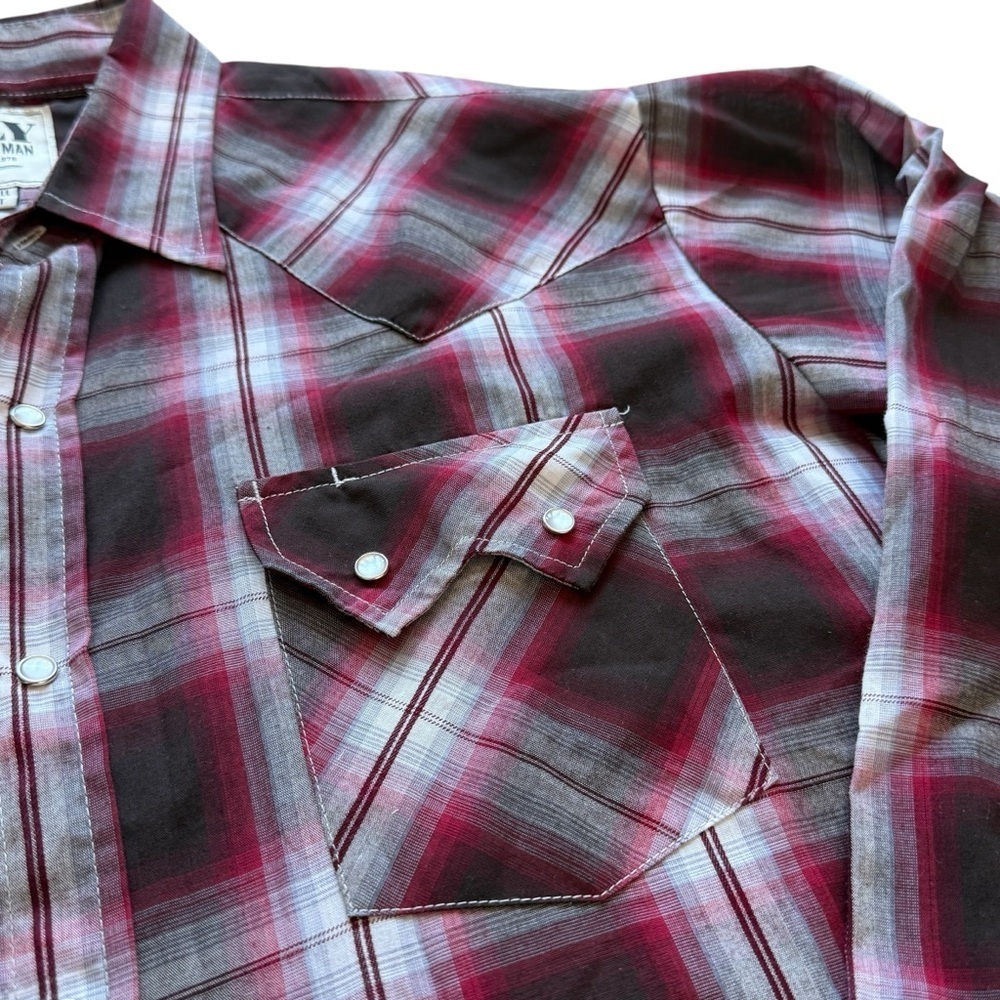 Ely Cattleman Western Pearl Snap Plaid Shirt Mens LT Tall Long Sleeve Rugged Red - Picture 4 of 9